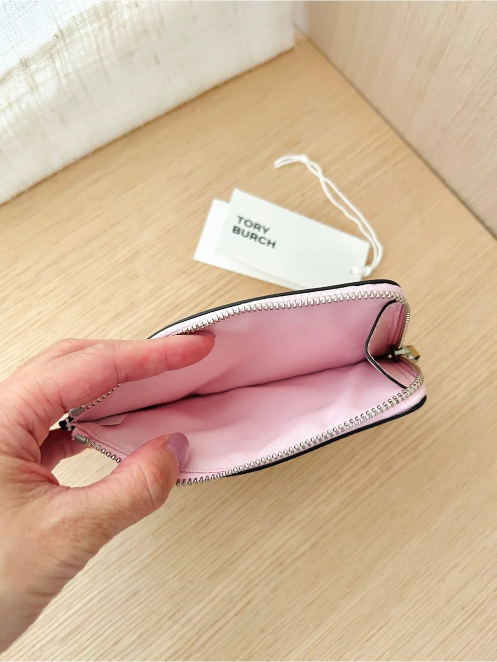NWT🌷Tory Burch Blake Color-Block Zip Card Case Holder Pink Coral 176425 Leather